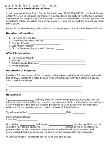 Legal Small Estate Affidavit Form for the State of South Dakota