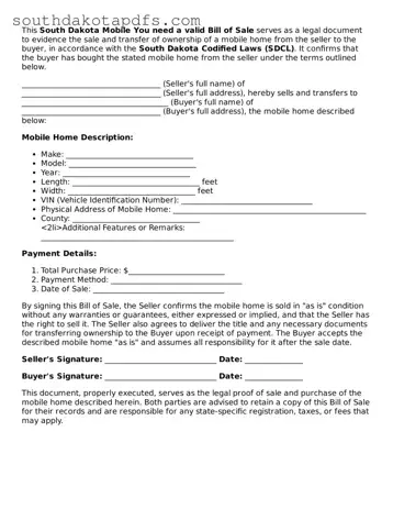 Legal Mobile Home Bill of Sale Form for the State of South Dakota