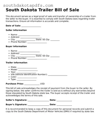 Legal Trailer Bill of Sale Form for the State of South Dakota