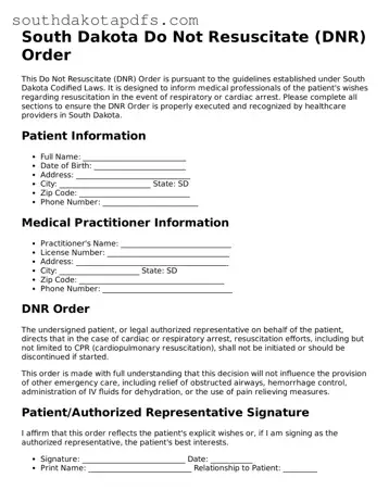 Legal Do Not Resuscitate Order Form for the State of South Dakota