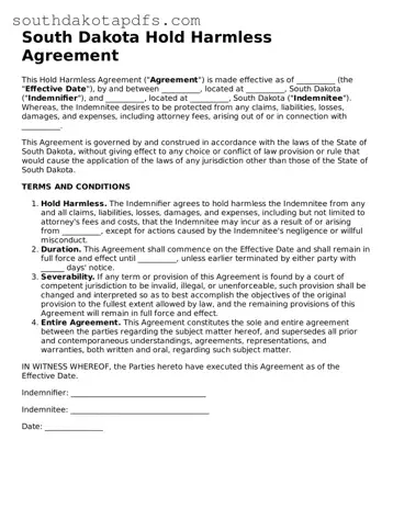 Legal Hold Harmless Agreement Form for the State of South Dakota