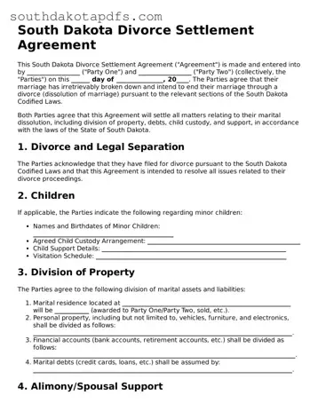 Legal Divorce Settlement Agreement Form for the State of South Dakota