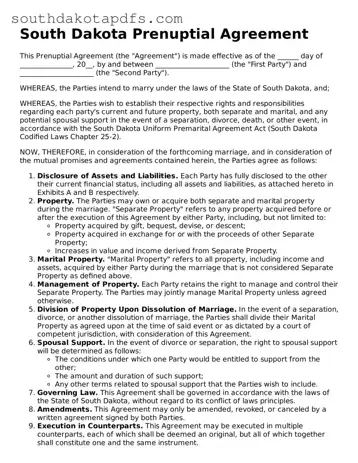 Legal Prenuptial Agreement Form for the State of South Dakota
