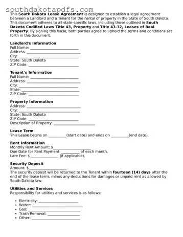 Legal Lease Agreement Form for the State of South Dakota