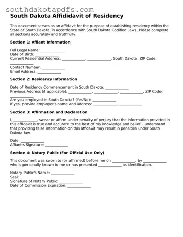 Legal Affidavit of Residency Form for the State of South Dakota