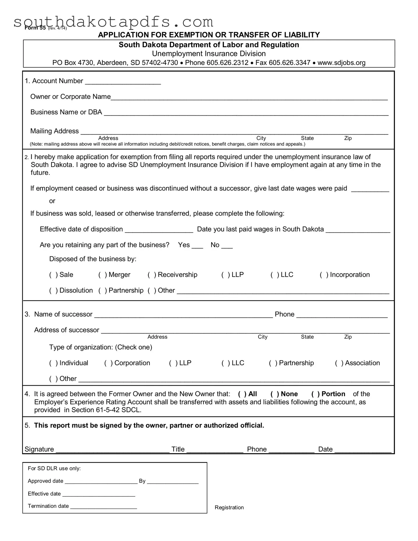 Fill in a Valid South Dakota 55 Form
