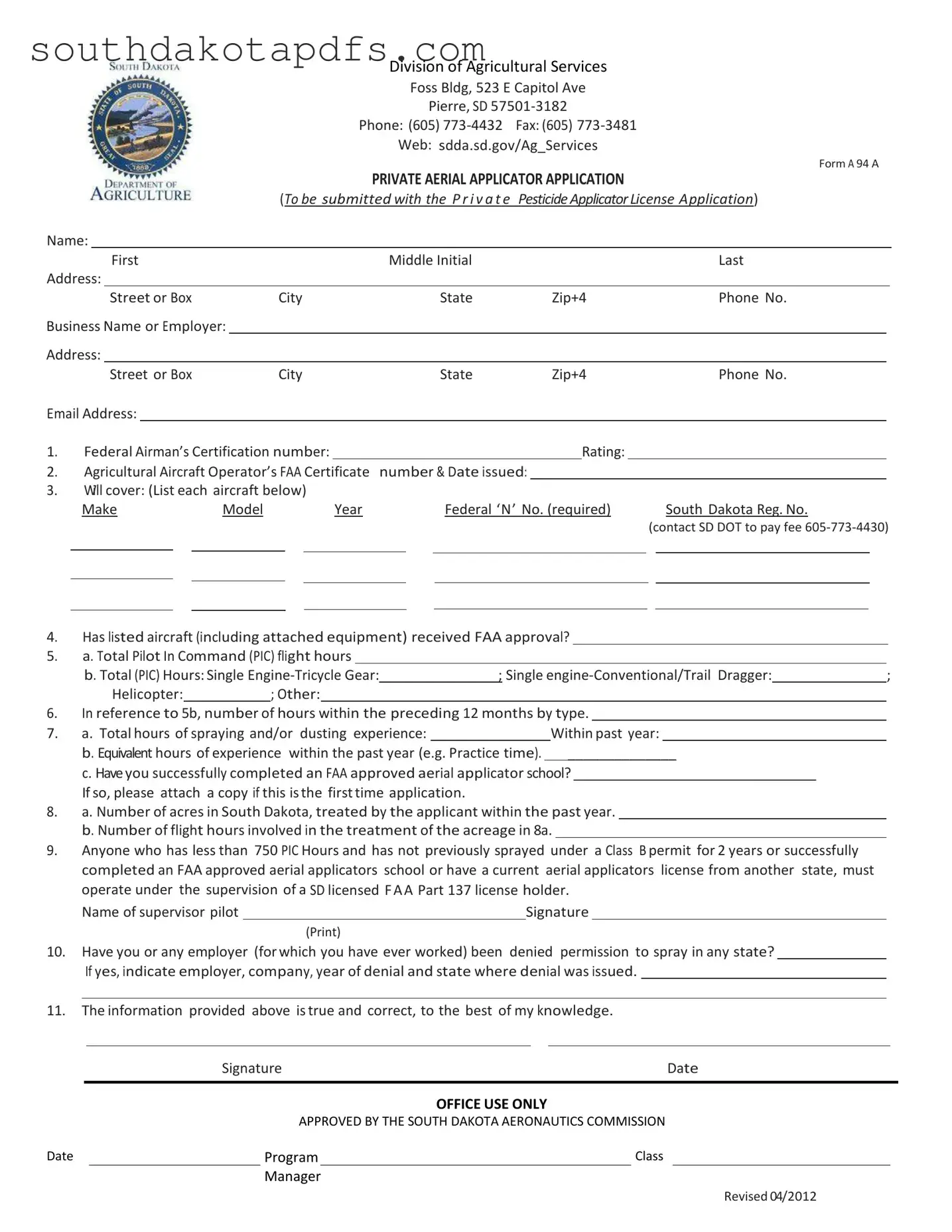 Fill in a Valid South Dakota A 94 A Form