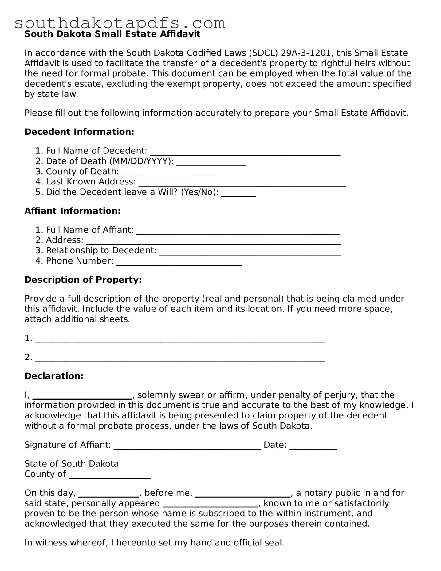 Legal Small Estate Affidavit Form for the State of South Dakota