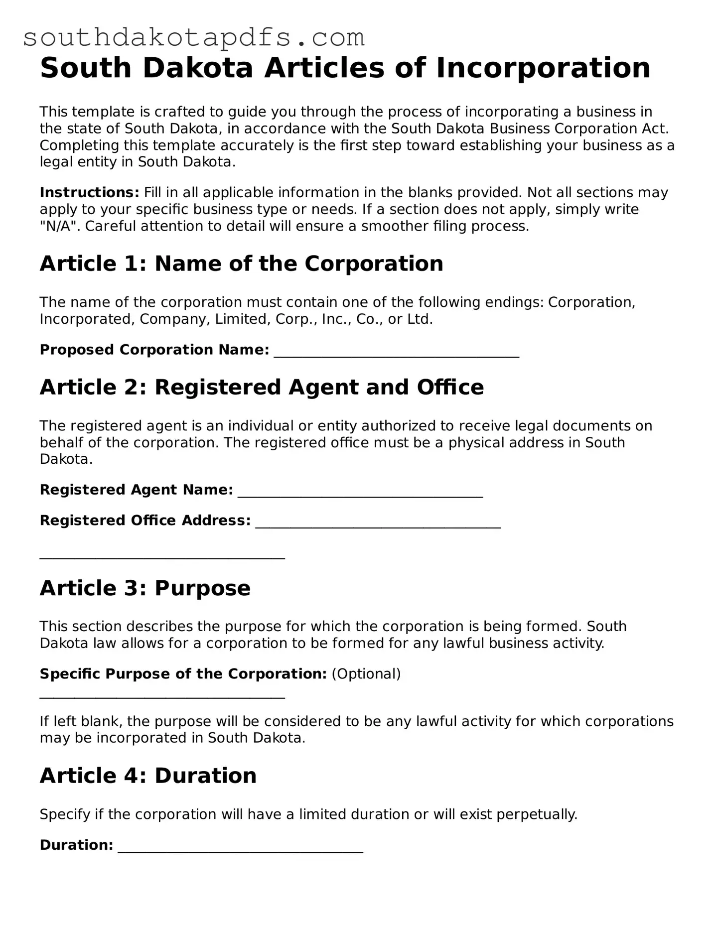 Legal Articles of Incorporation Form for the State of South Dakota
