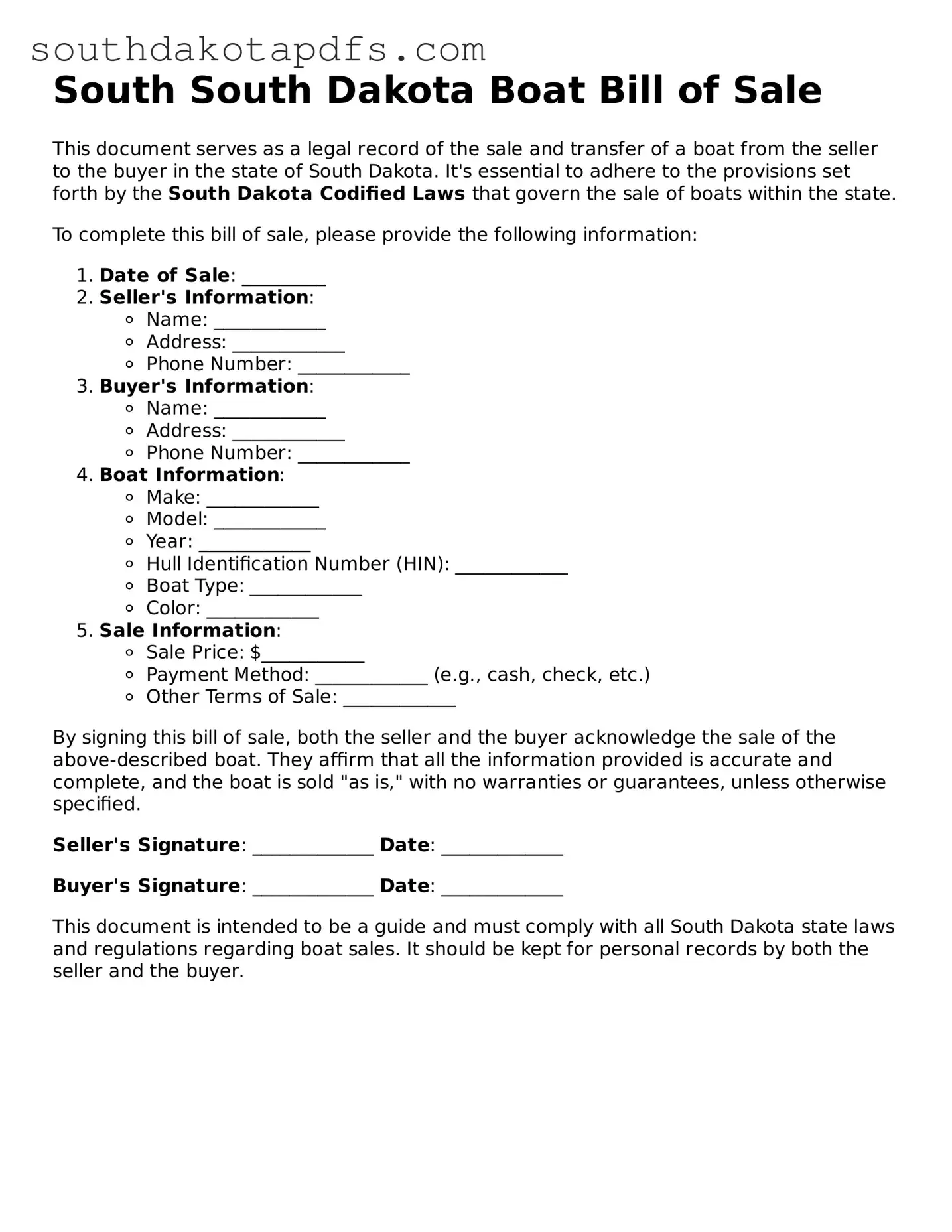 Legal Boat Bill of Sale Form for the State of South Dakota