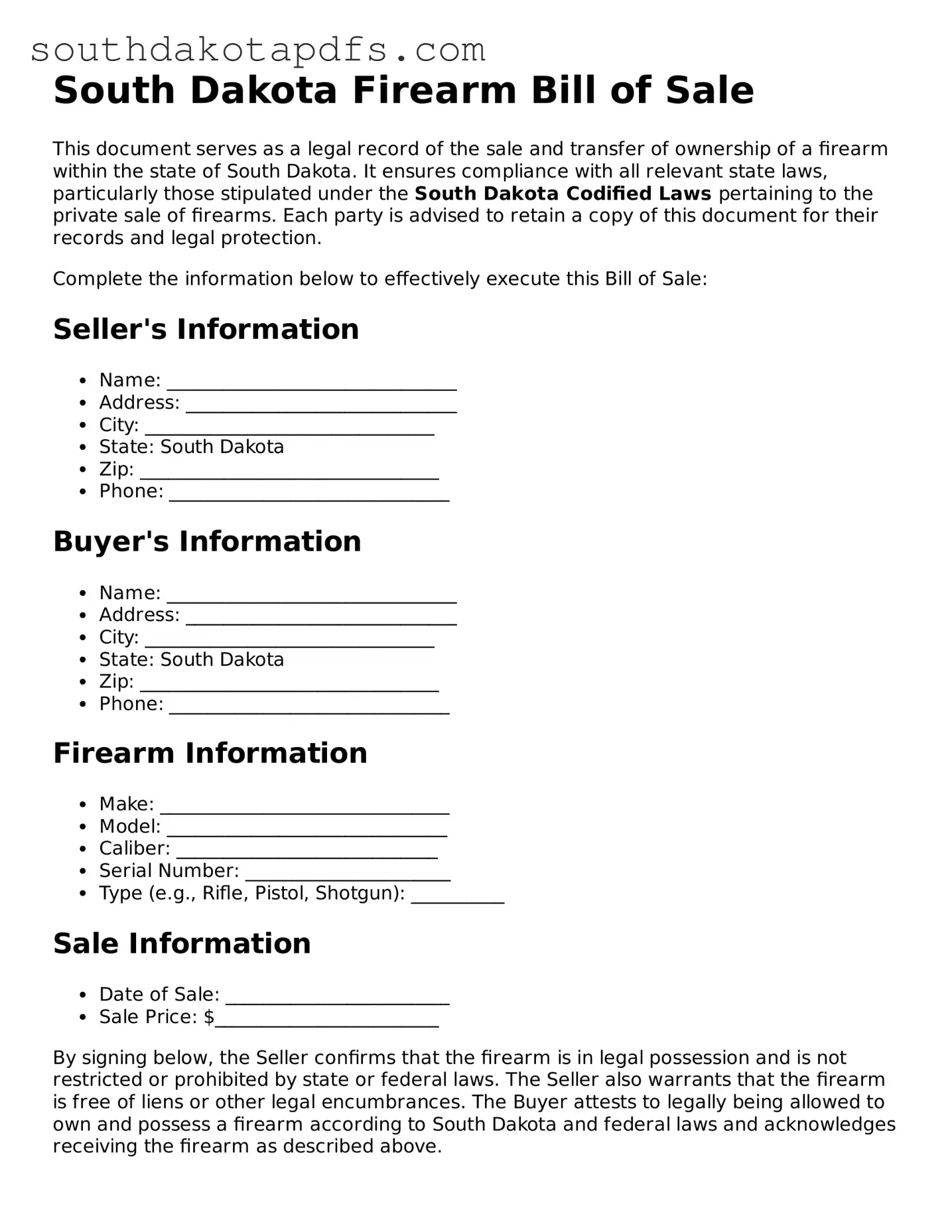 Legal Firearm Bill of Sale Form for the State of South Dakota