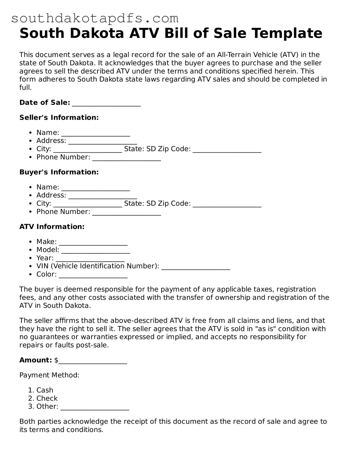 Legal ATV Bill of Sale Form for the State of South Dakota