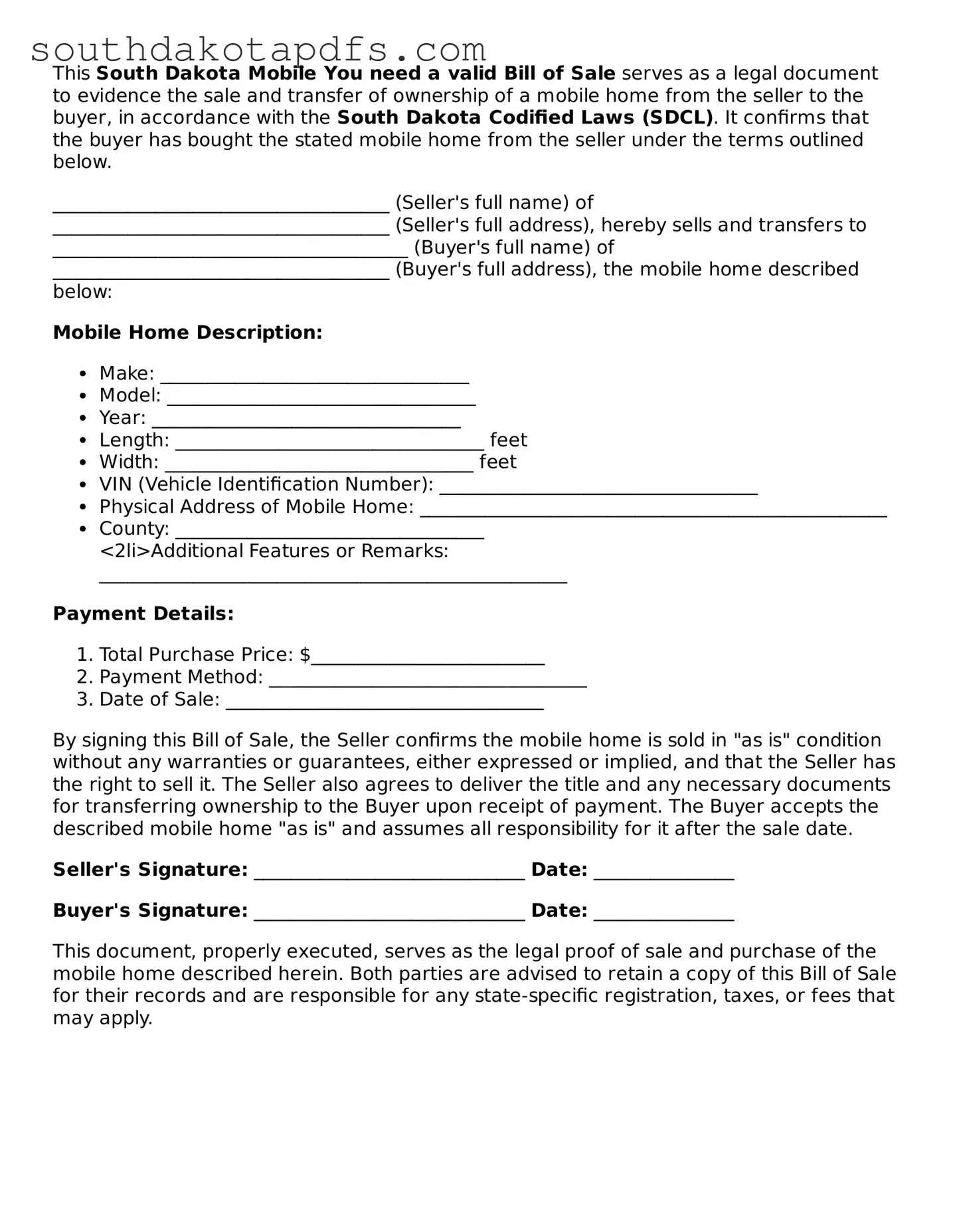 Legal Mobile Home Bill of Sale Form for the State of South Dakota