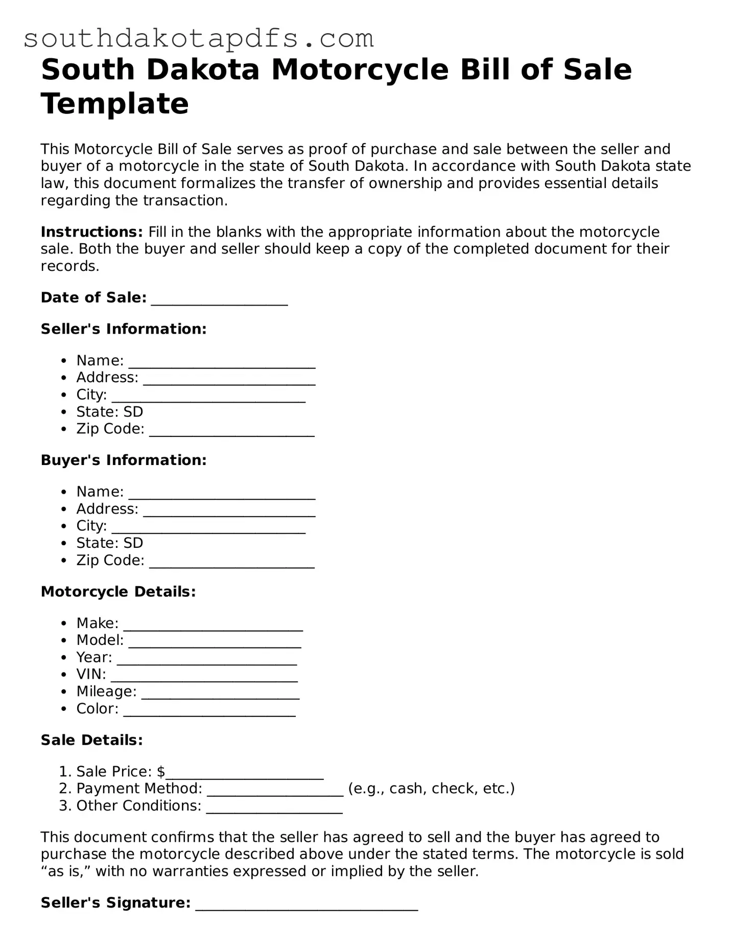 Legal Motorcycle Bill of Sale Form for the State of South Dakota