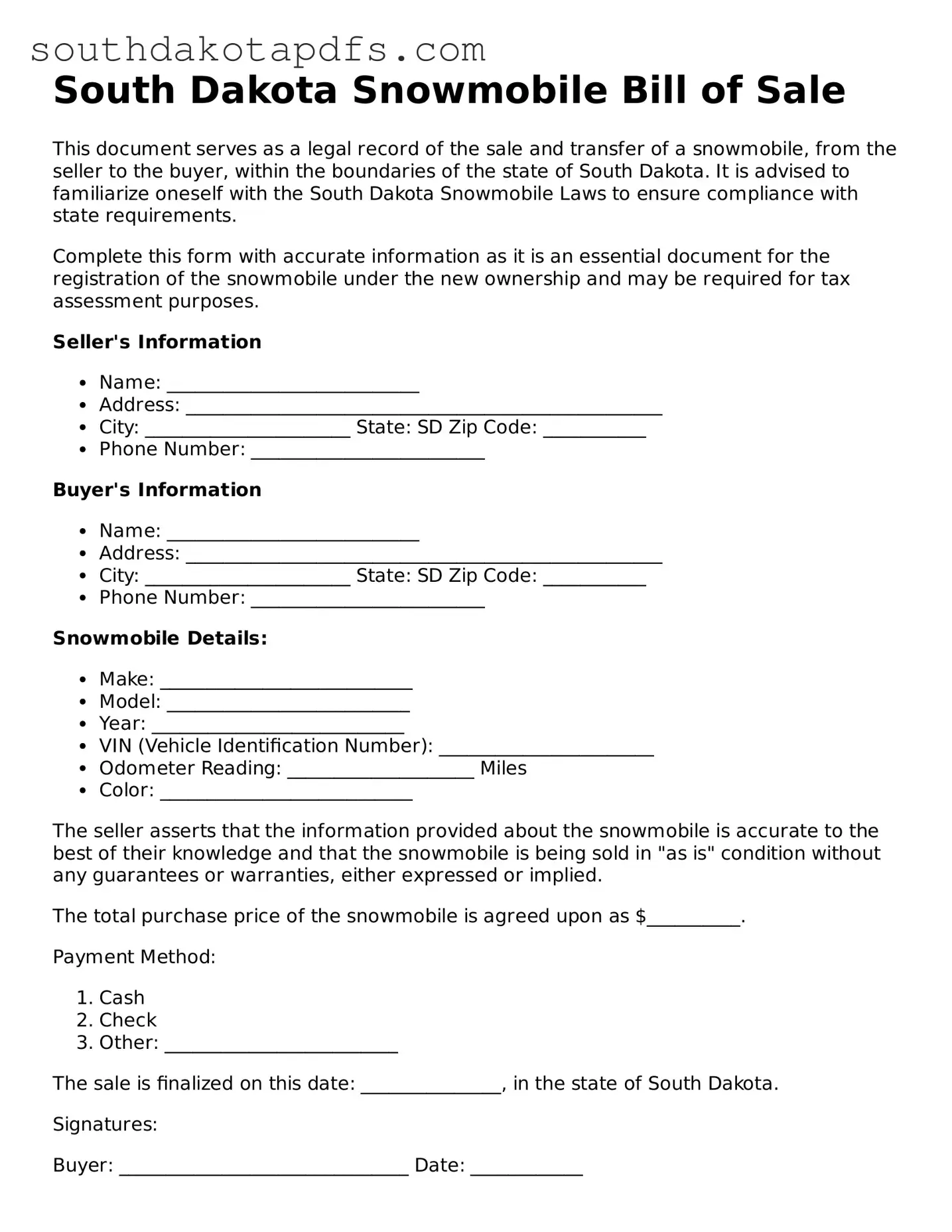 Legal Snowmobile Bill of Sale Form for the State of South Dakota