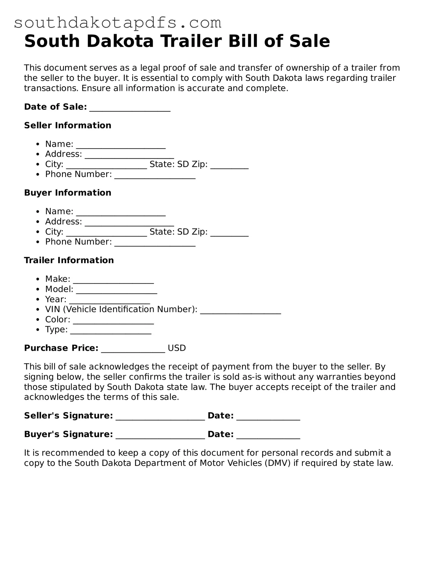 Legal Trailer Bill of Sale Form for the State of South Dakota