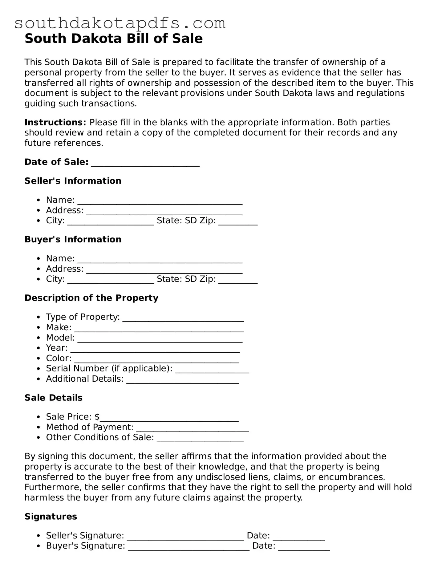 Legal Bill of Sale Form for the State of South Dakota