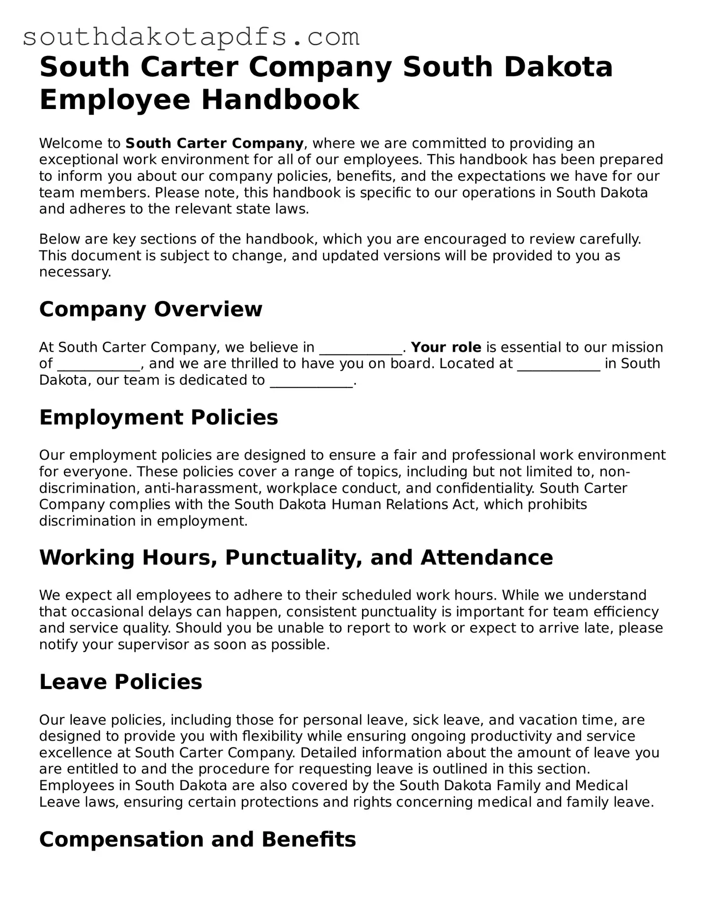 Legal Employee Handbook Form for the State of South Dakota