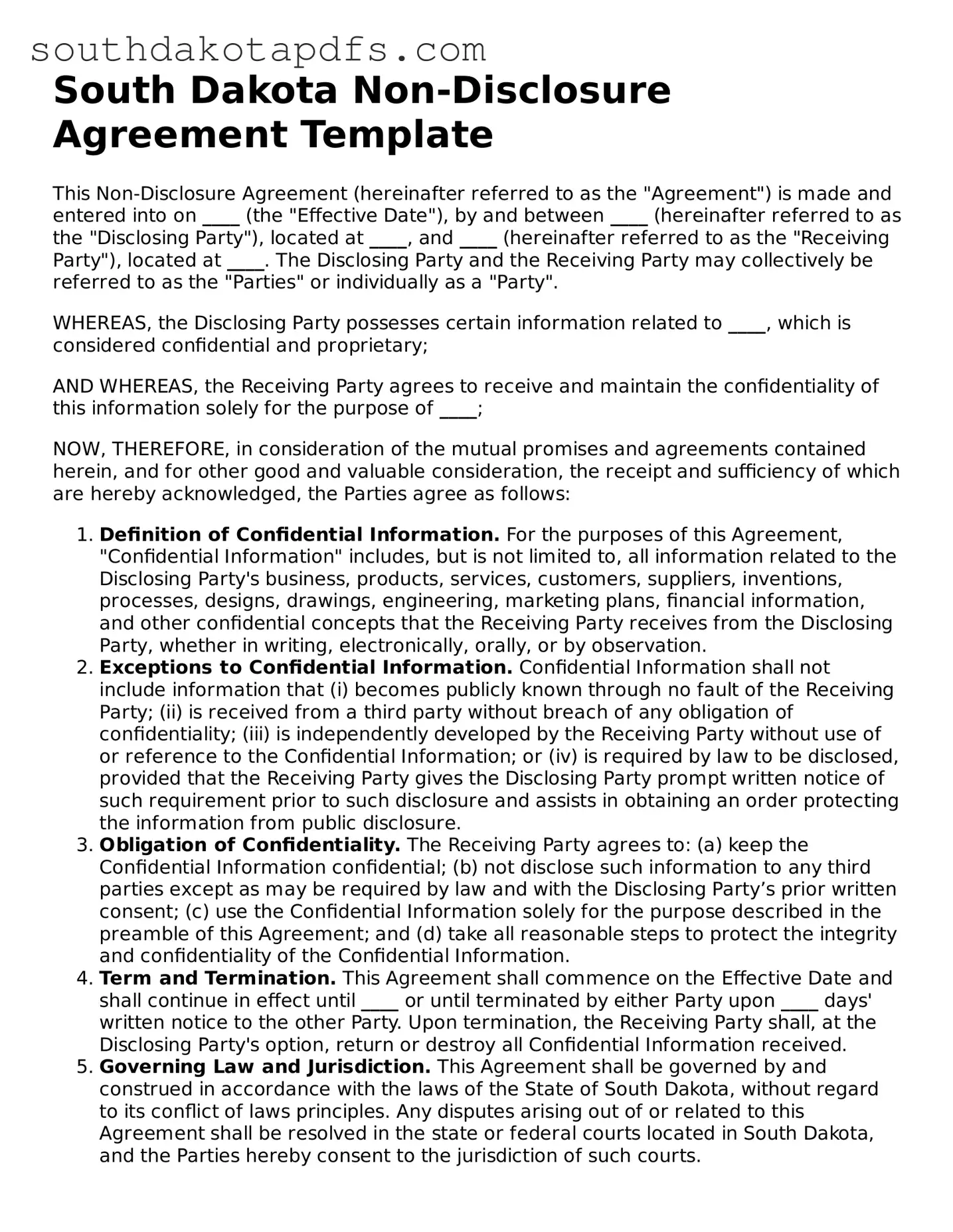 Legal Non-disclosure Agreement Form for the State of South Dakota