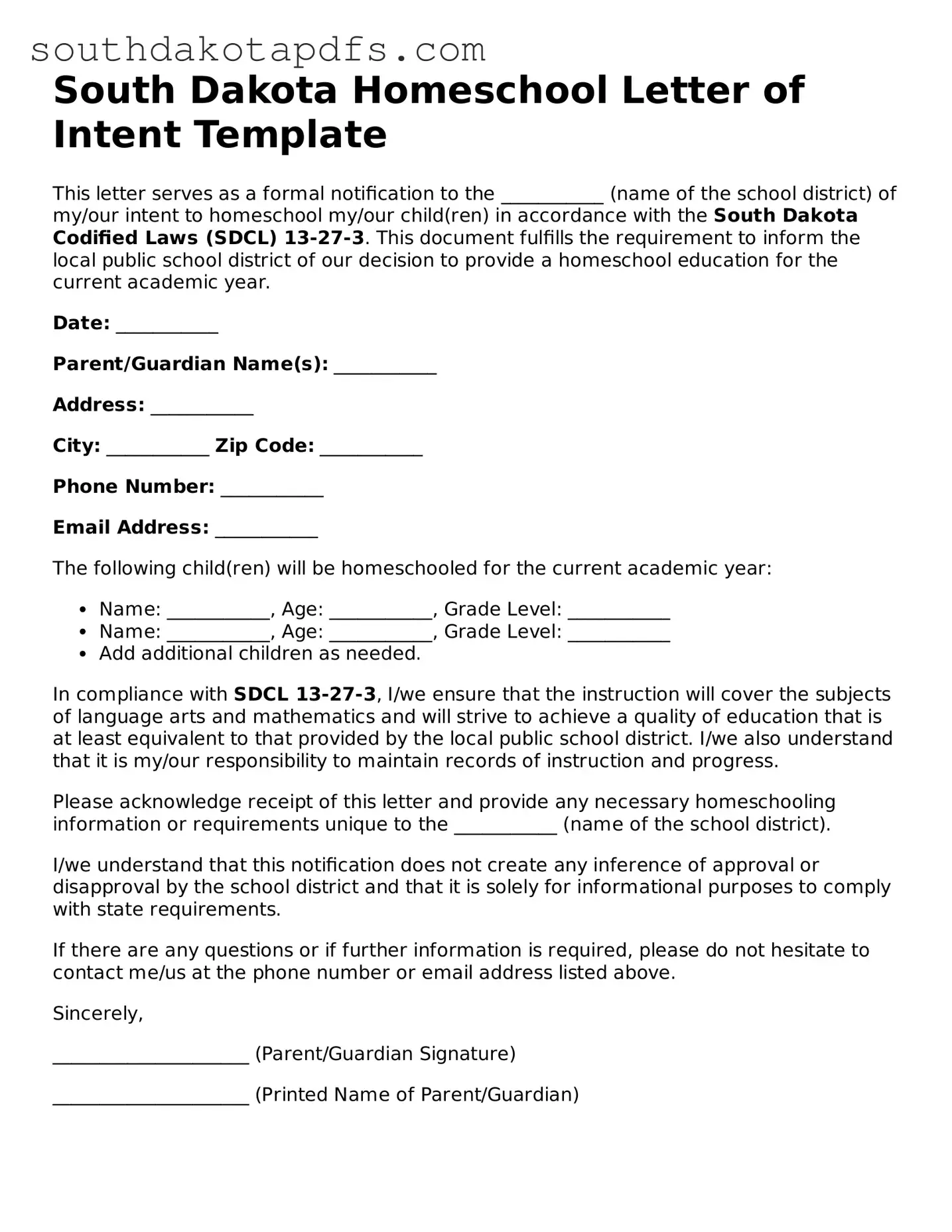 Legal Homeschool Letter of Intent Form for the State of South Dakota