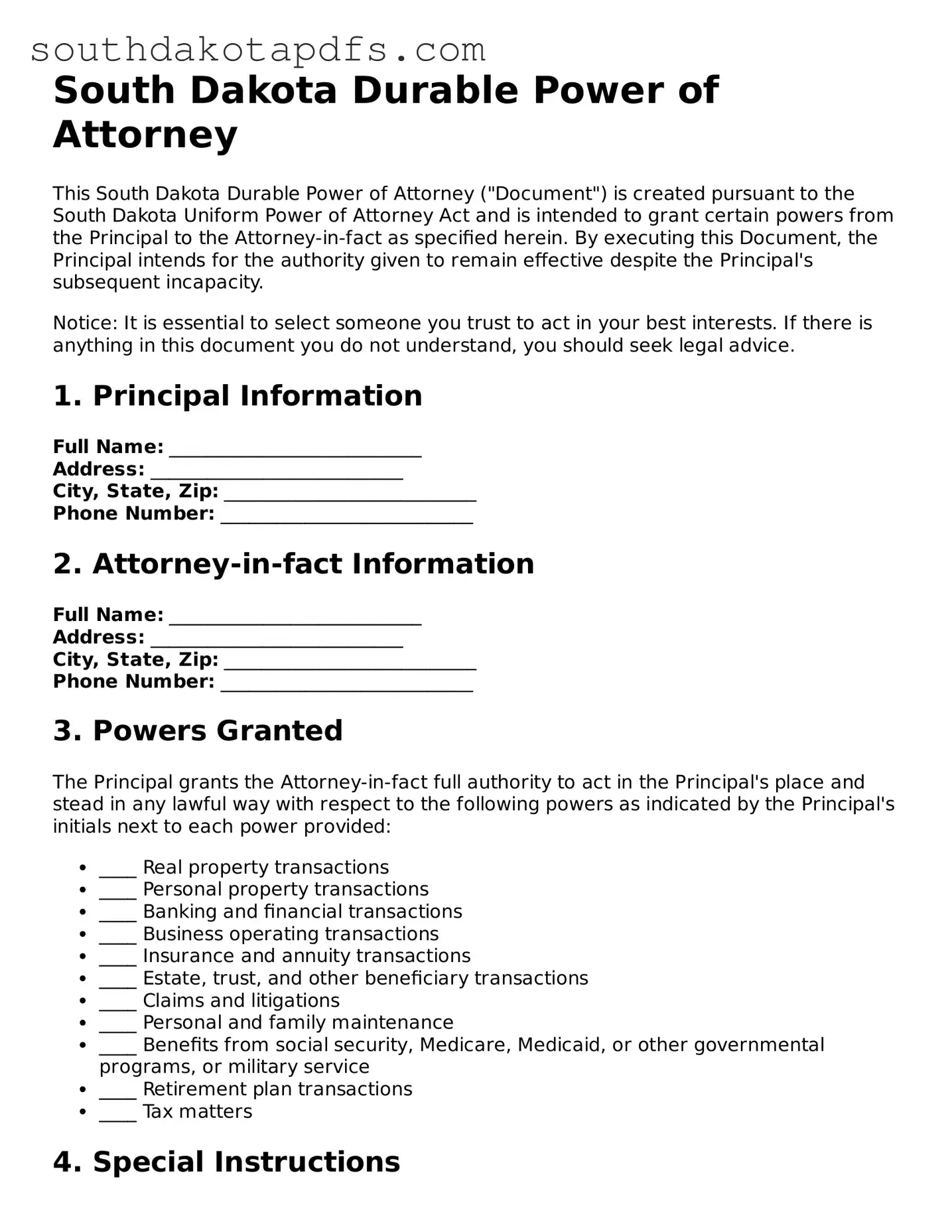 Legal Durable Power of Attorney Form for the State of South Dakota