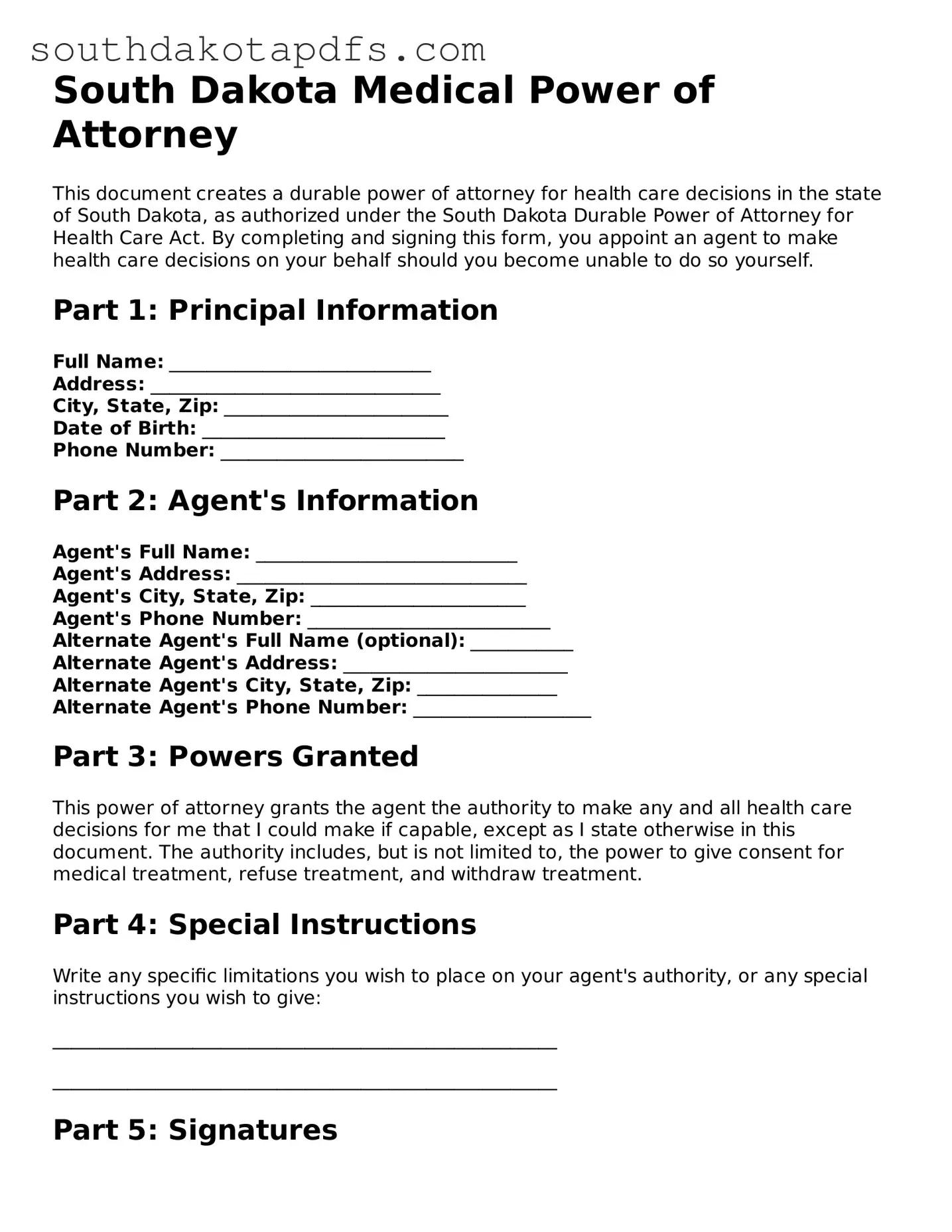 Legal Medical Power of Attorney Form for the State of South Dakota