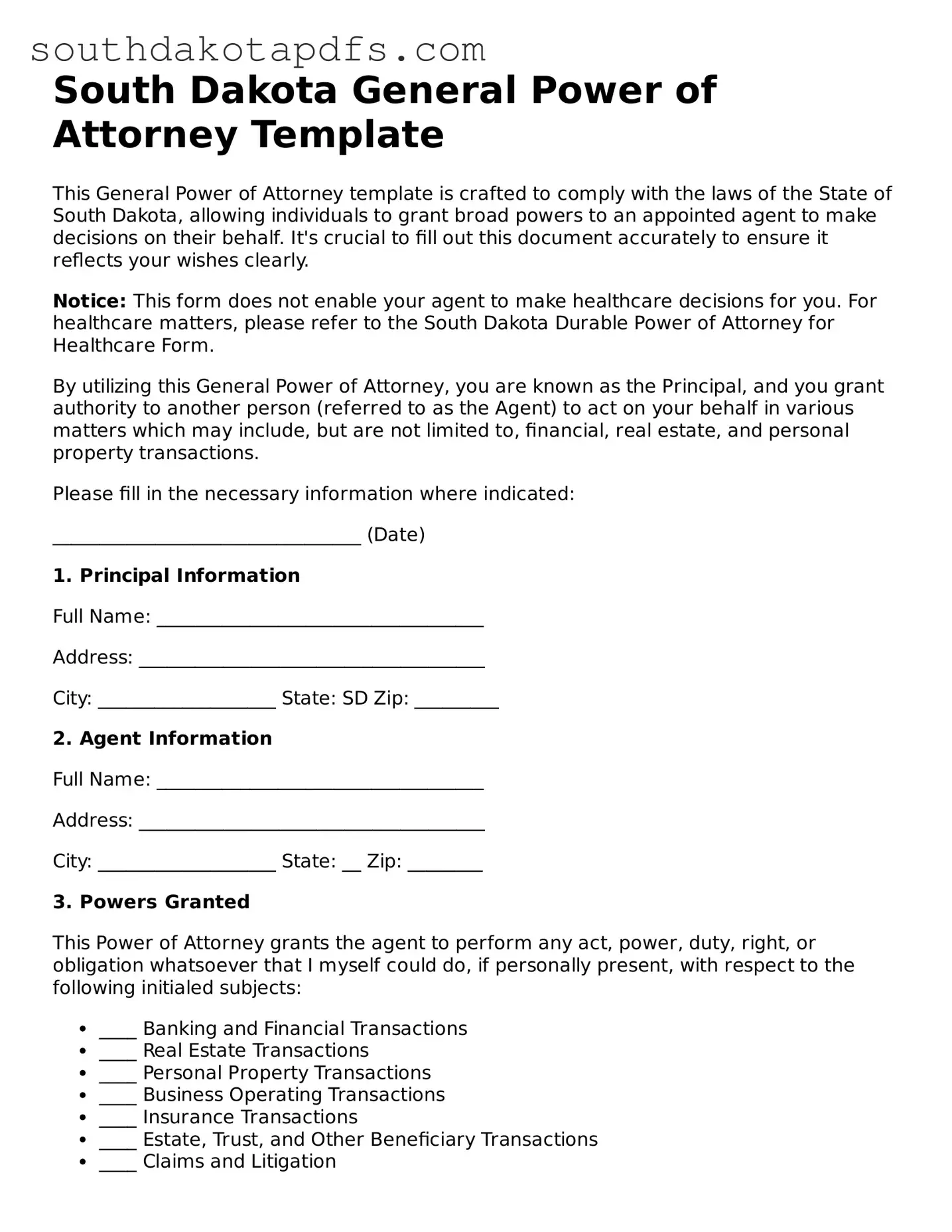 Legal General Power of Attorney Form for the State of South Dakota