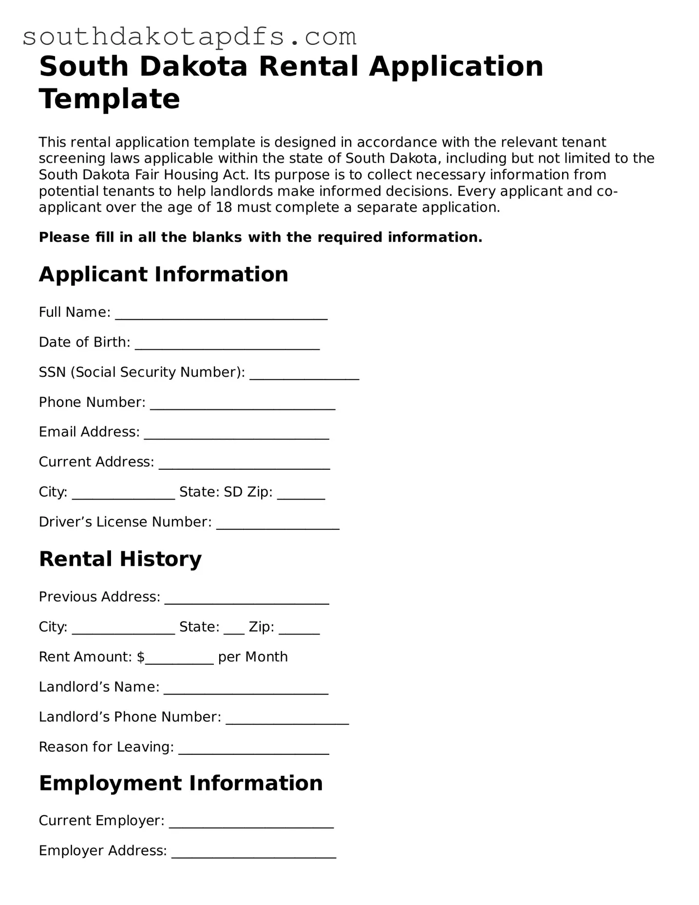 Legal Rental Application Form for the State of South Dakota