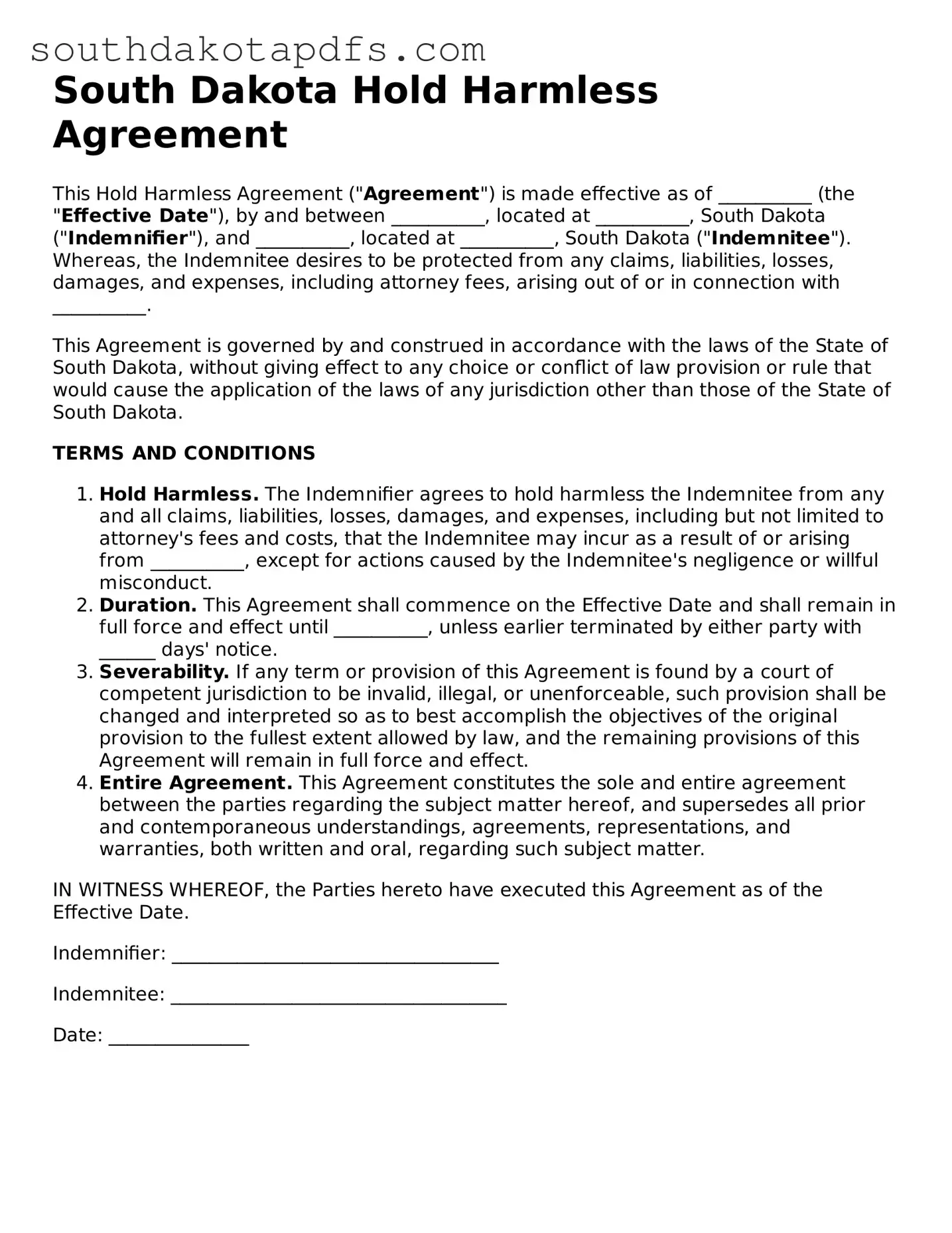 Legal Hold Harmless Agreement Form for the State of South Dakota
