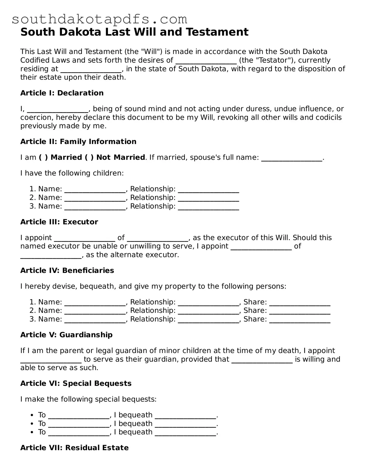 Legal Last Will and Testament Form for the State of South Dakota