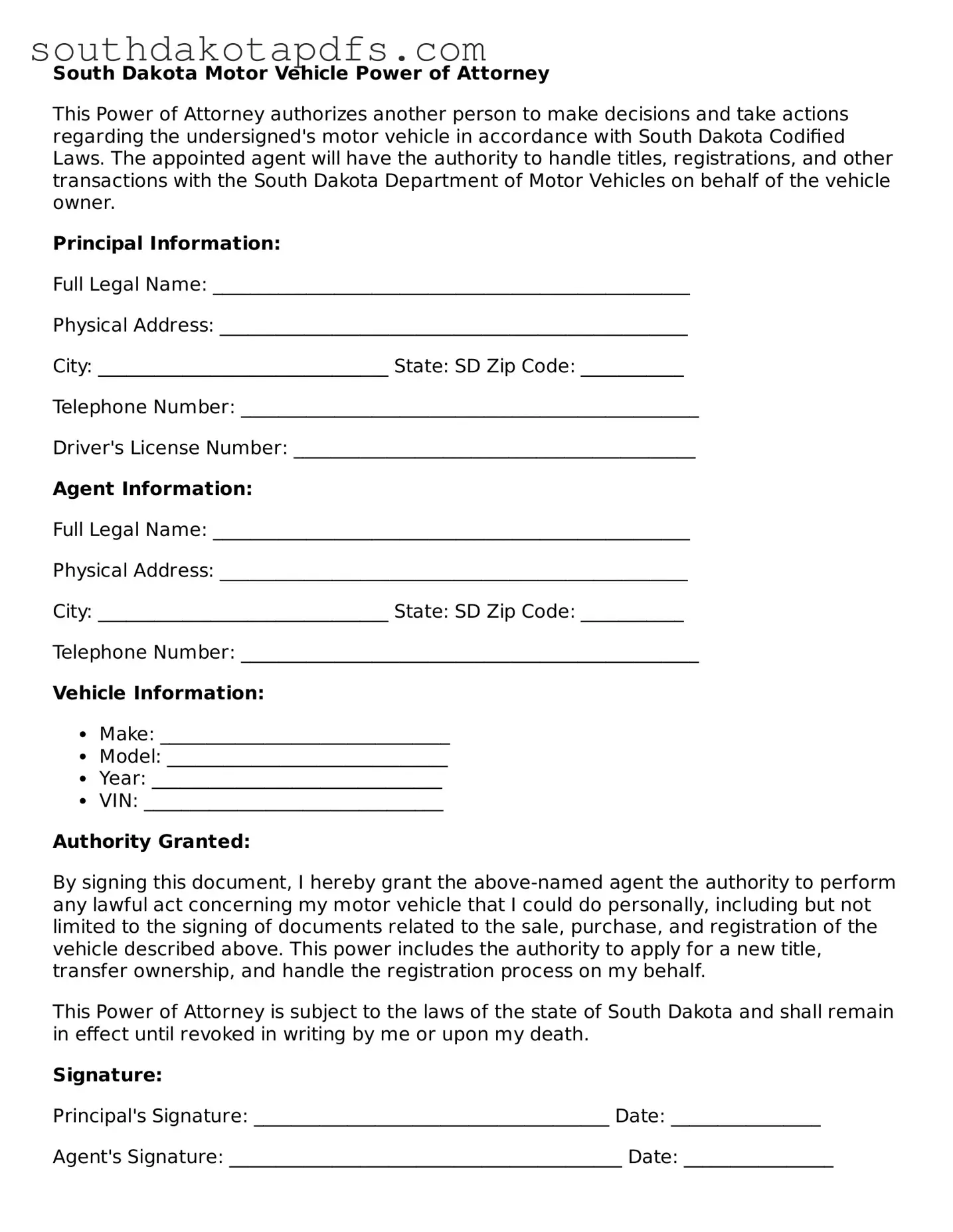 Legal Motor Vehicle Power of Attorney Form for the State of South Dakota