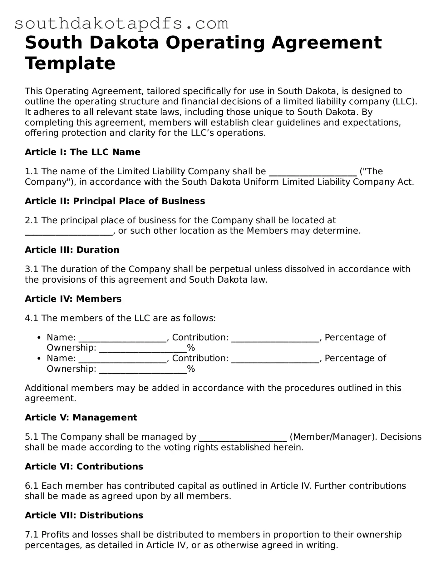 Legal Operating Agreement Form for the State of South Dakota
