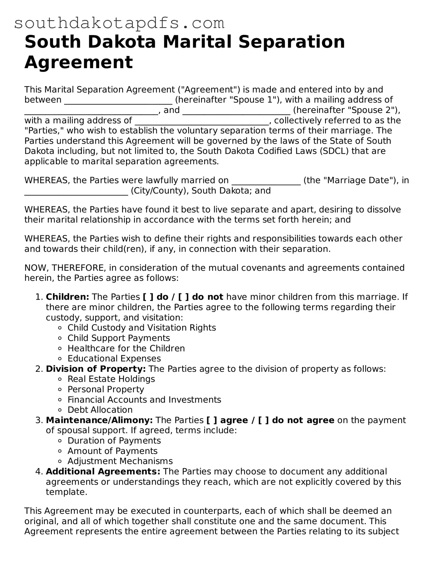 Legal Marital Separation Agreement Form for the State of South Dakota