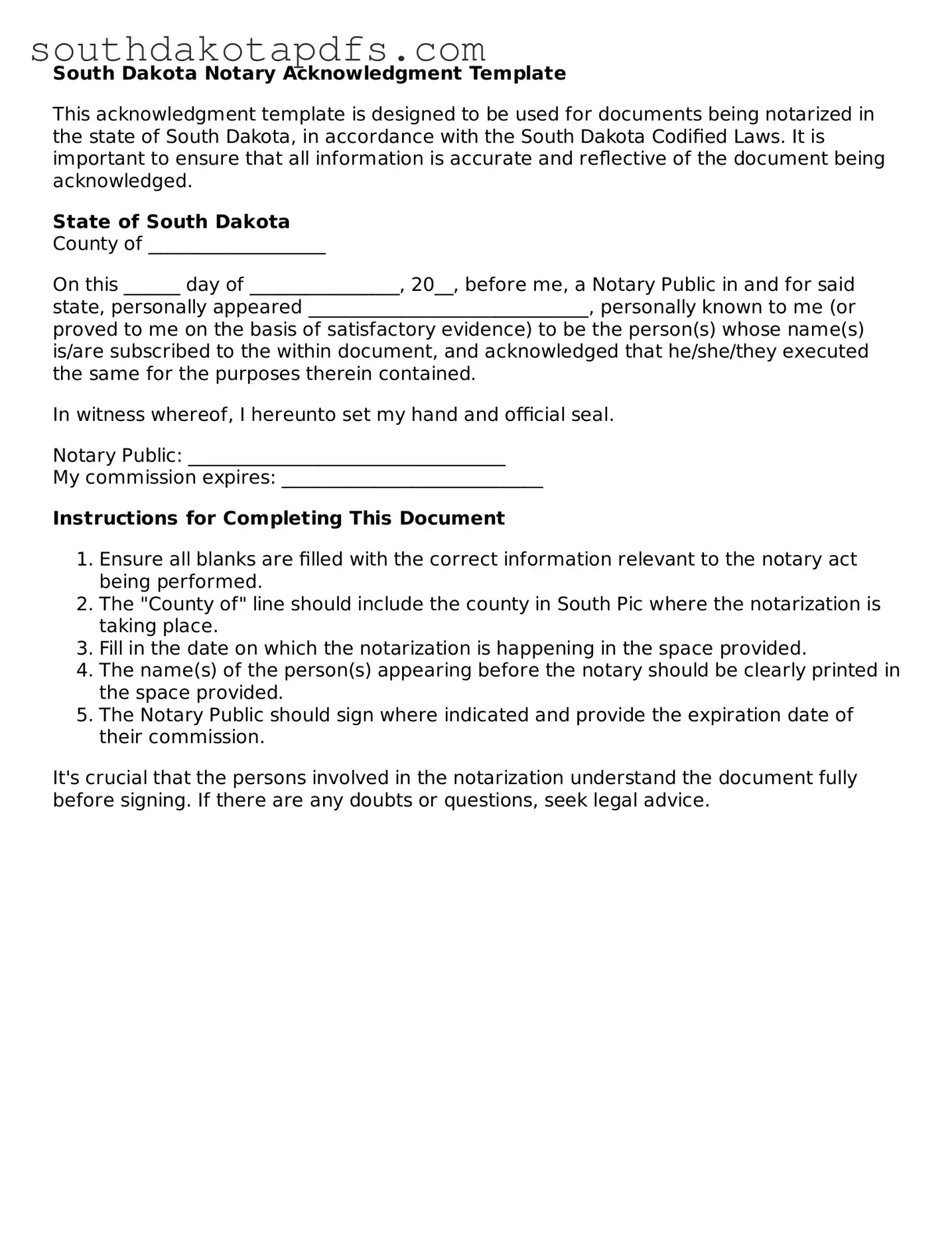 Legal Notary Acknowledgement Form for the State of South Dakota
