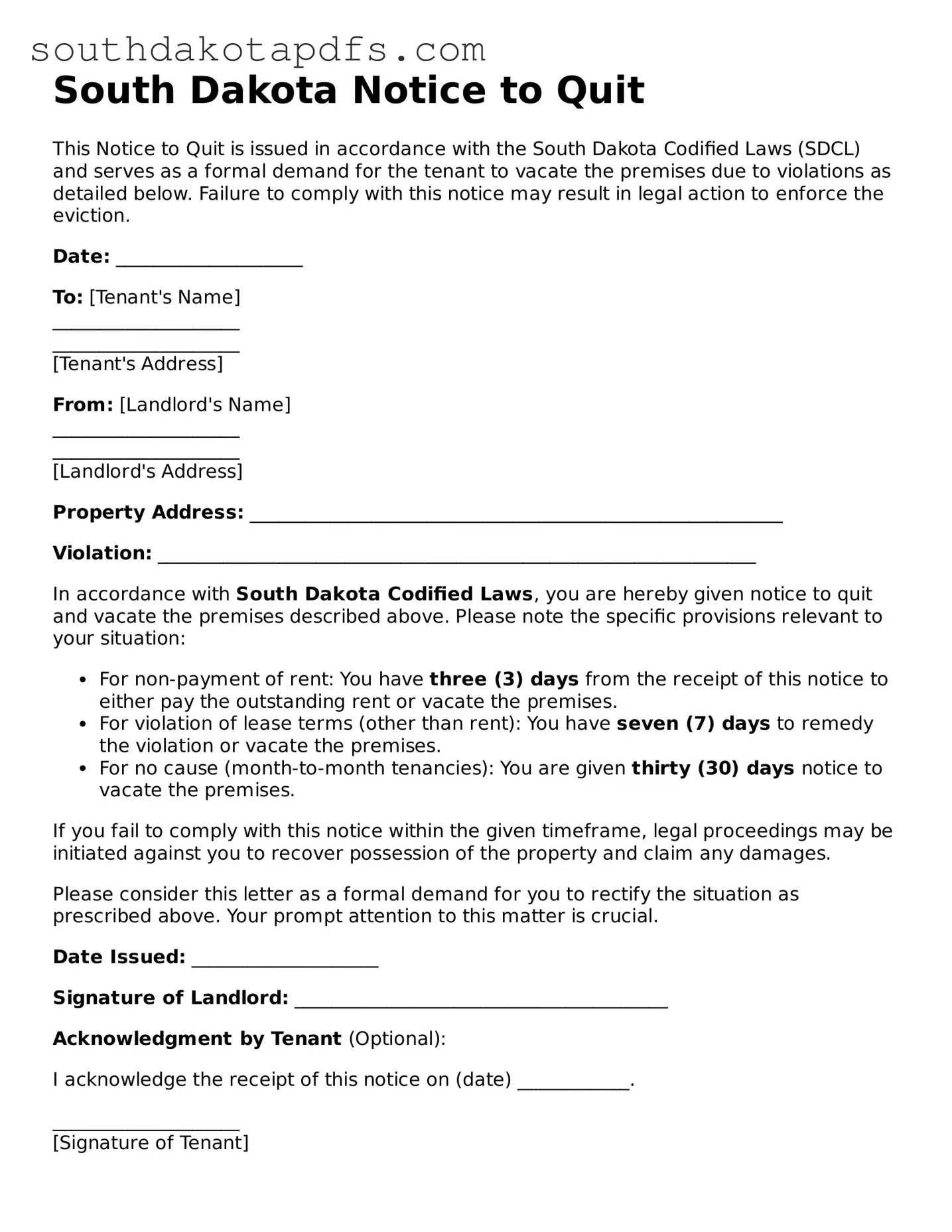 Legal Notice to Quit Form for the State of South Dakota