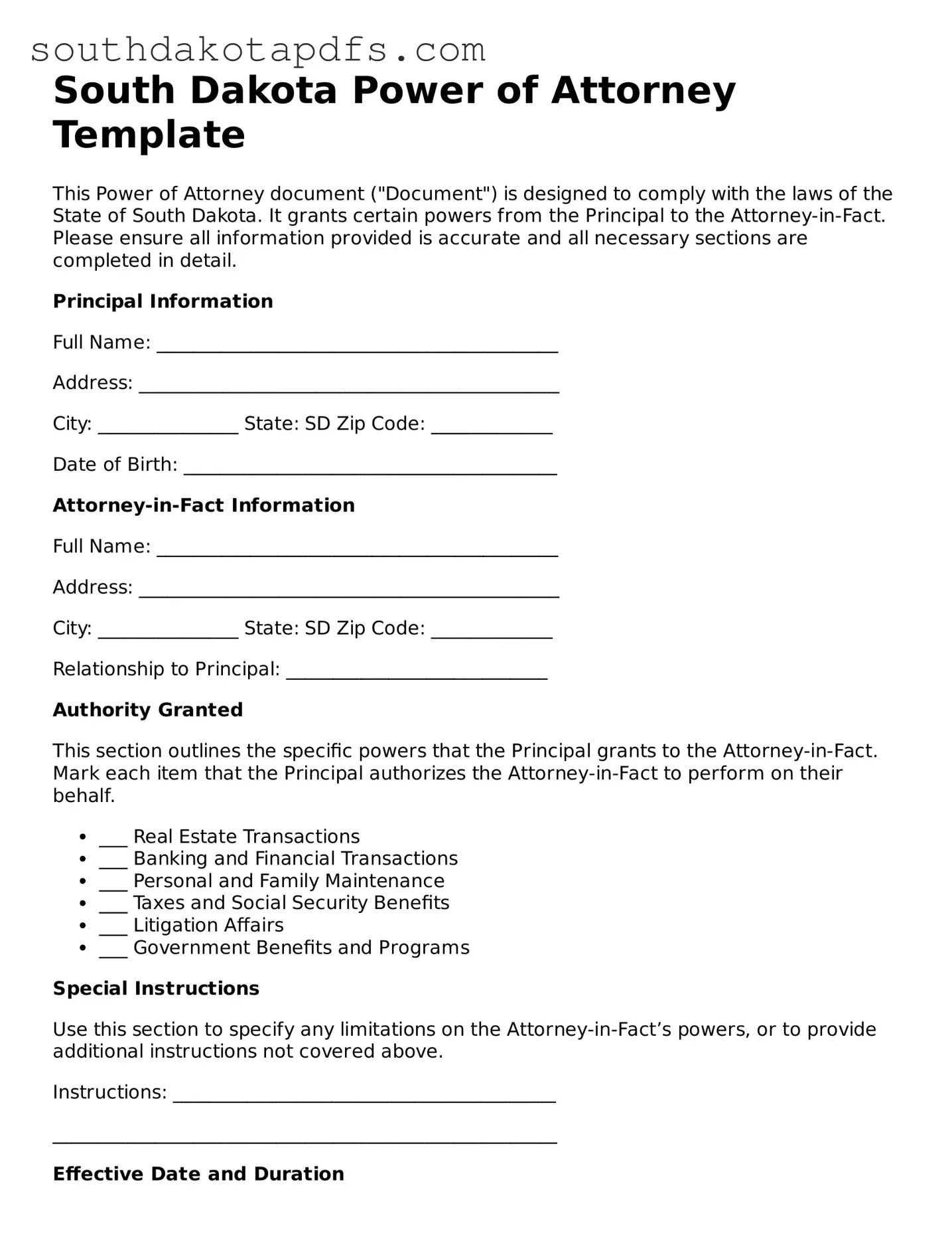 Legal Power of Attorney Form for the State of South Dakota