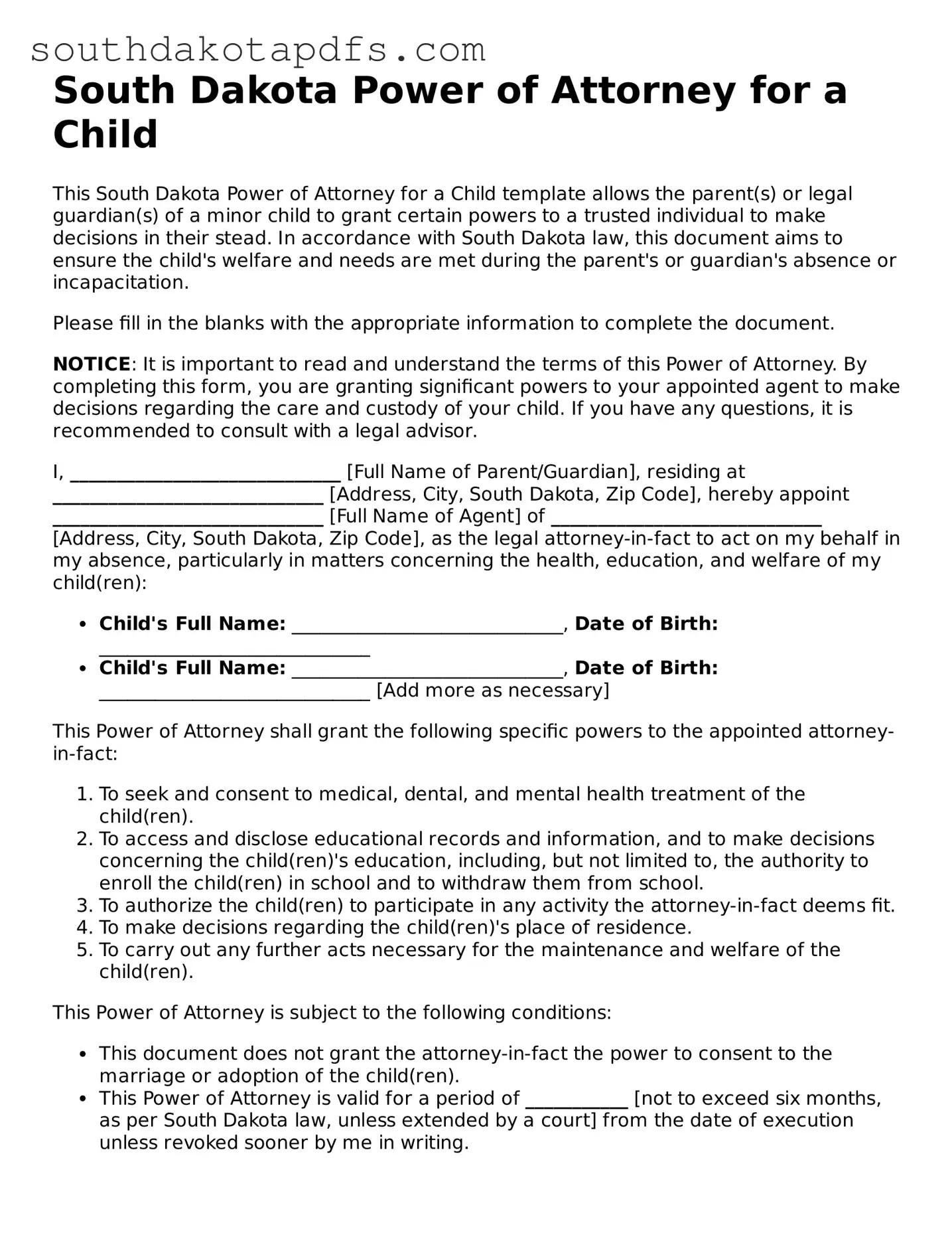 Legal Power of Attorney for a Child Form for the State of South Dakota