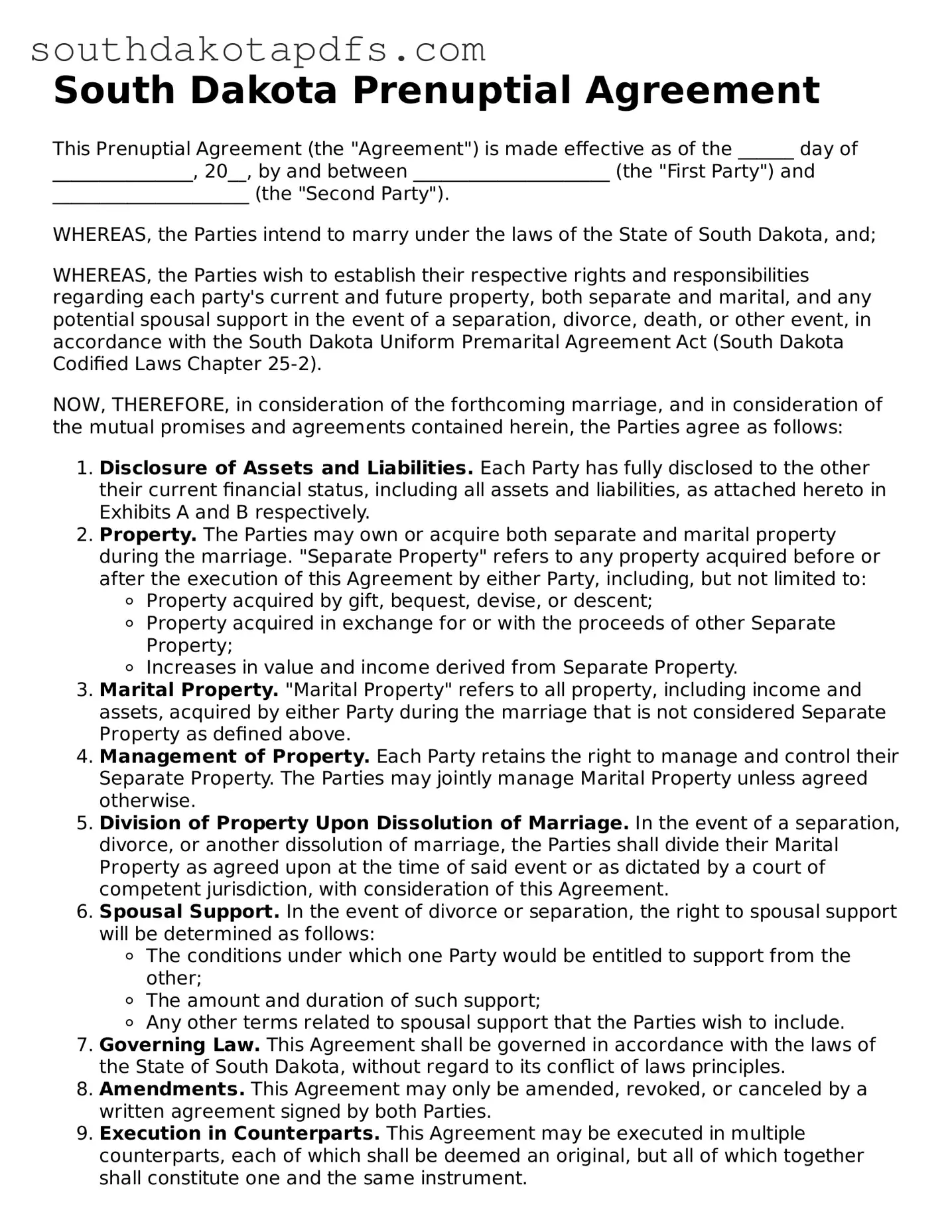 Legal Prenuptial Agreement Form for the State of South Dakota