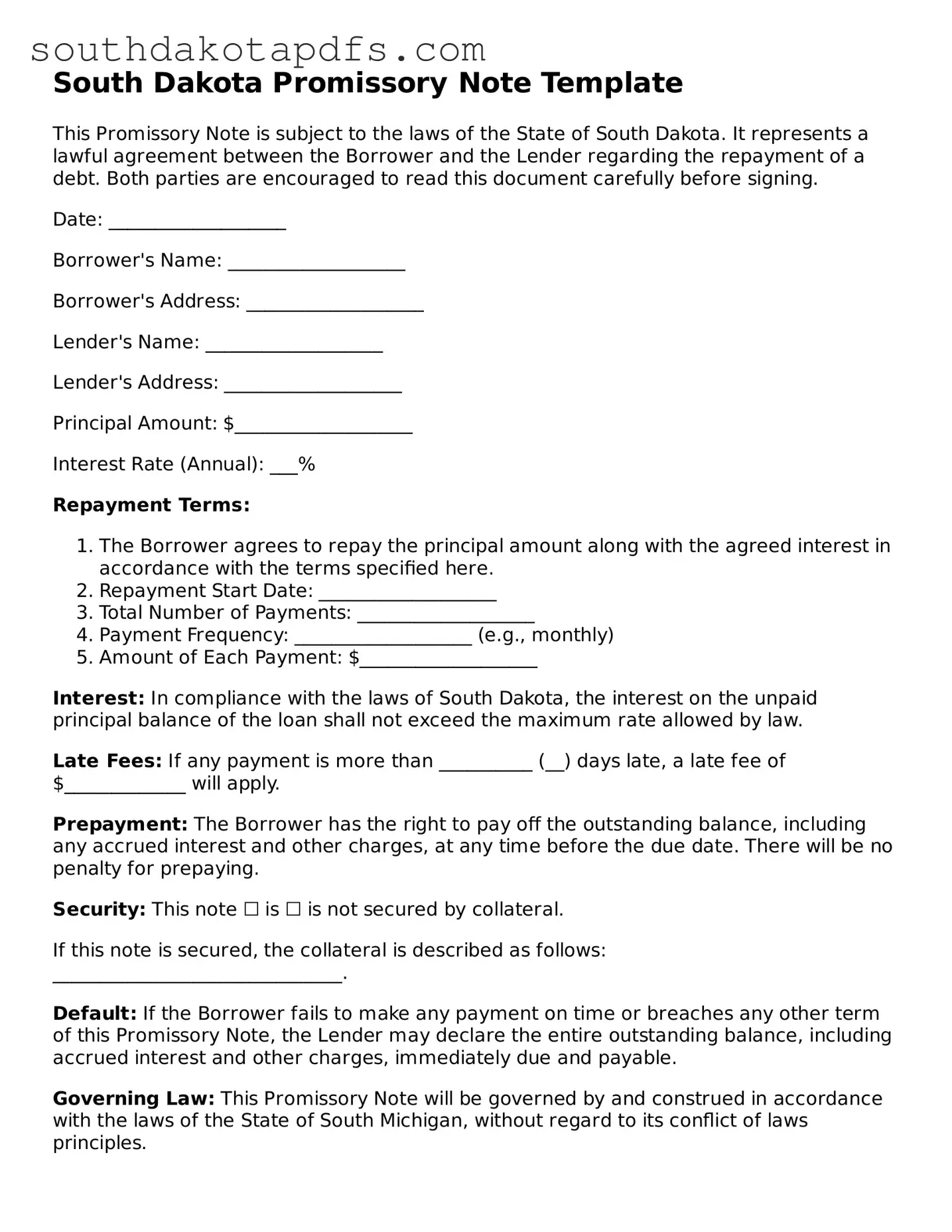 Legal Promissory Note Form for the State of South Dakota