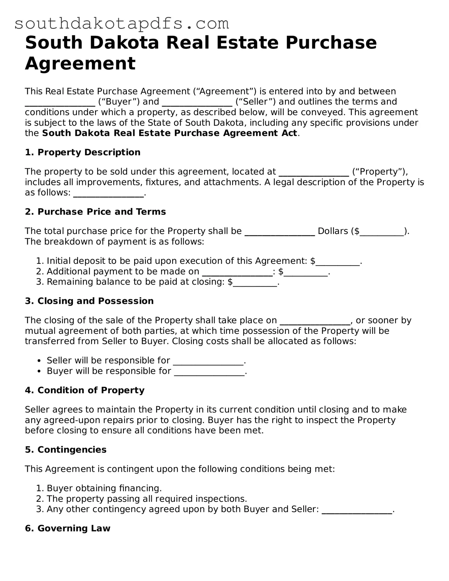 Legal Real Estate Purchase Agreement Form for the State of South Dakota