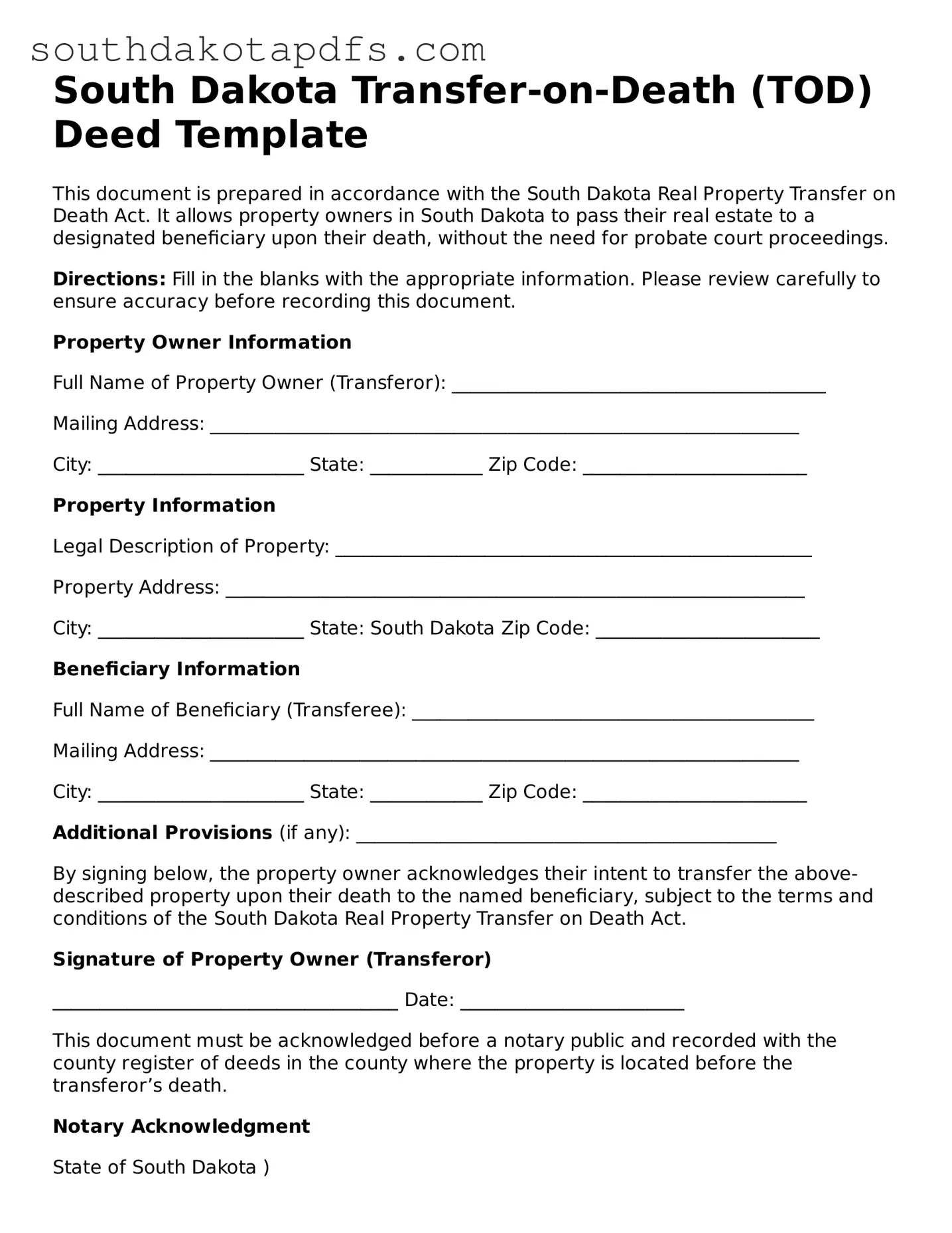 Legal Transfer-on-Death Deed Form for the State of South Dakota