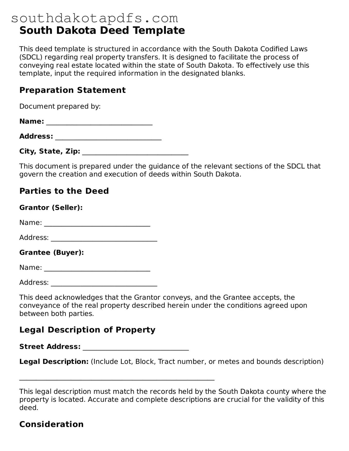 Legal Deed Form for the State of South Dakota